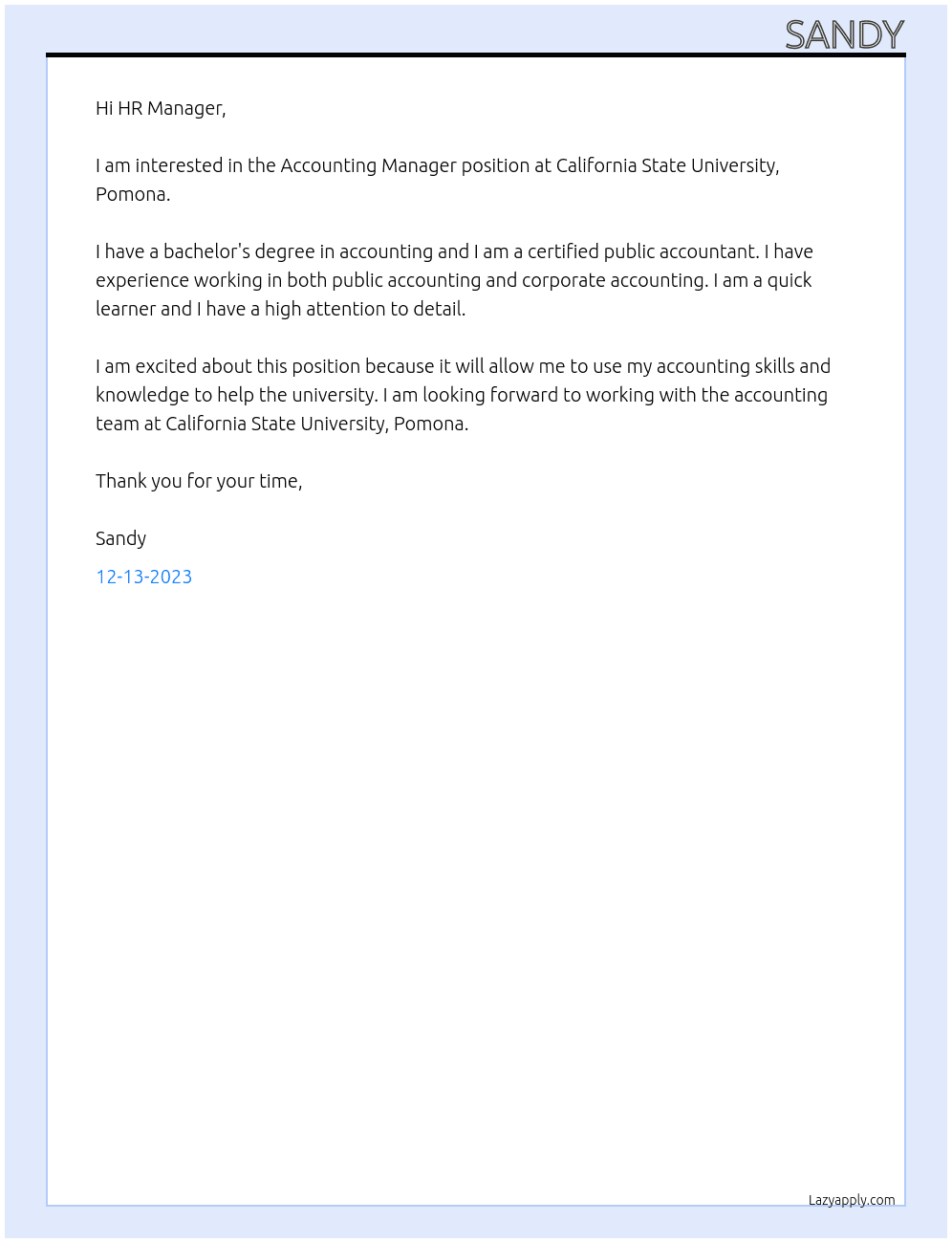 Accounting Manager At California State University, Pomona Cover Letter