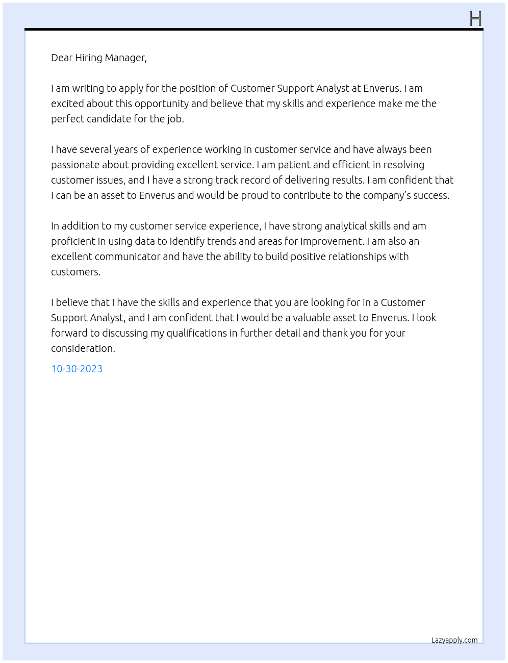 Customer Support Analyst At Enverus Cover Letter