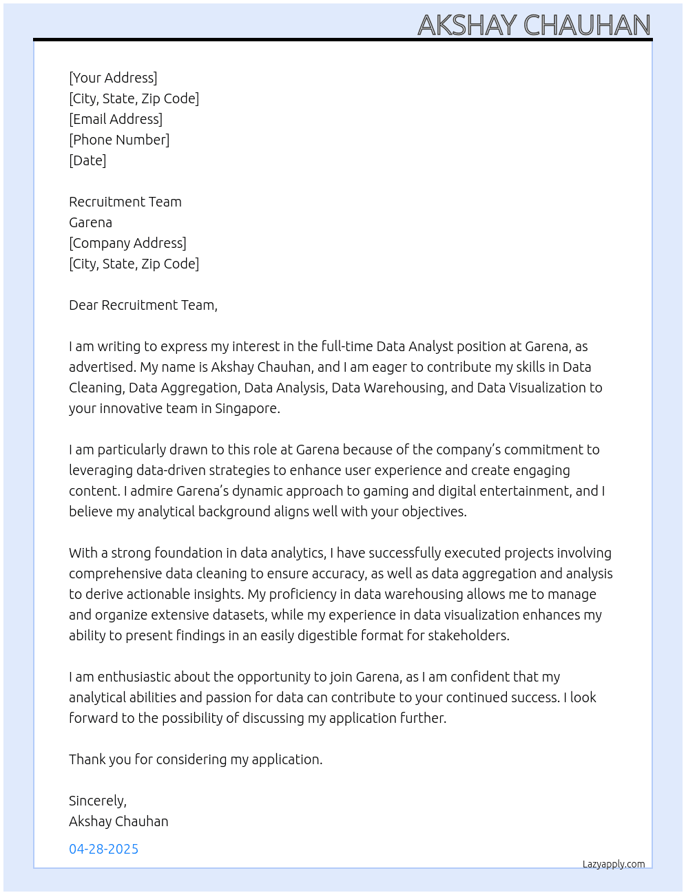 Data analyst At Garena Cover Letter