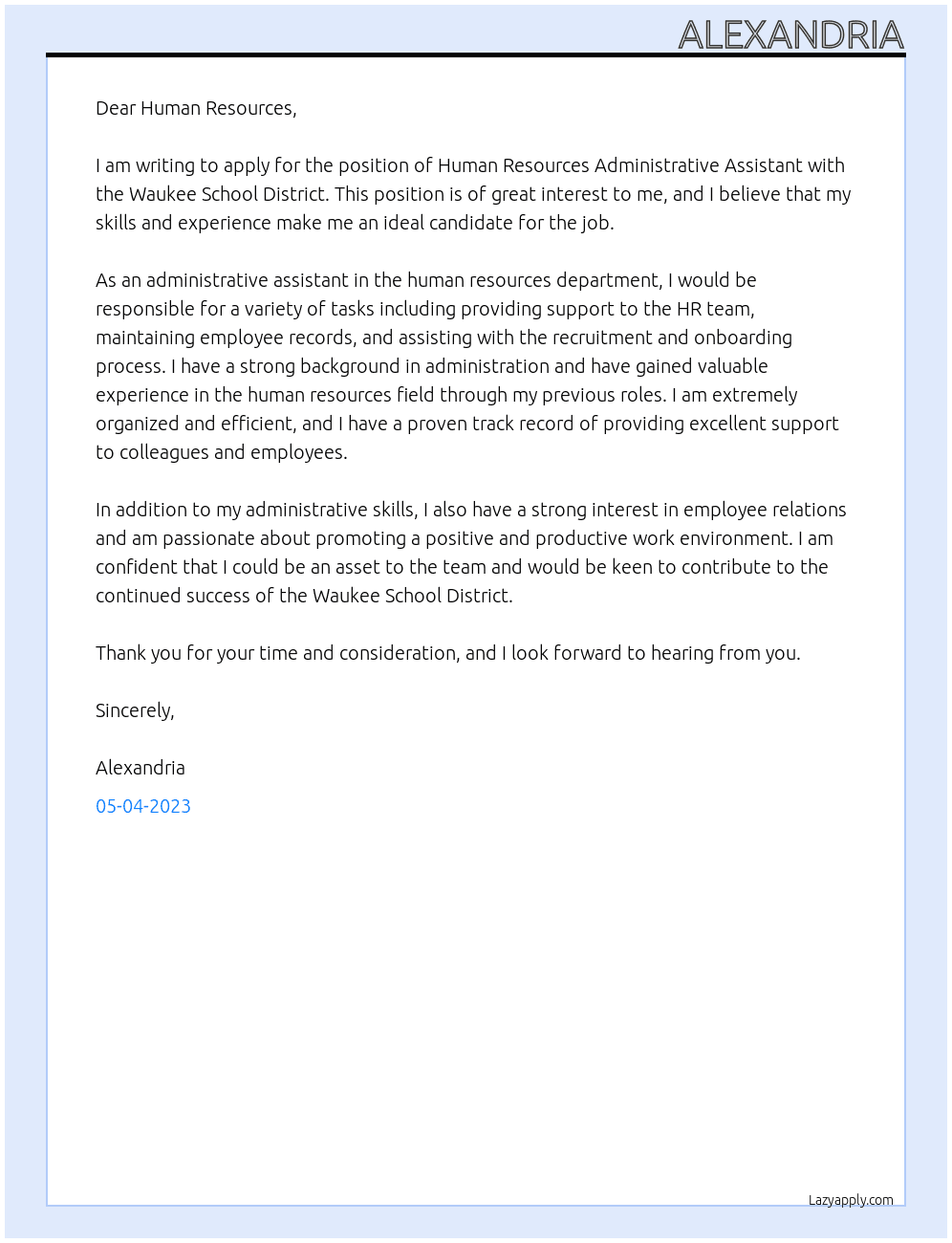 Human Resources Administrative Assistant At Waukee School District Cover Letter