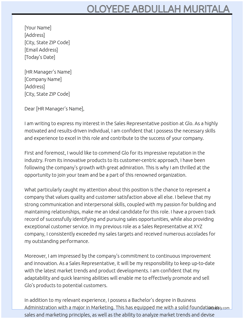 Sales Representative  At Glo Cover Letter
