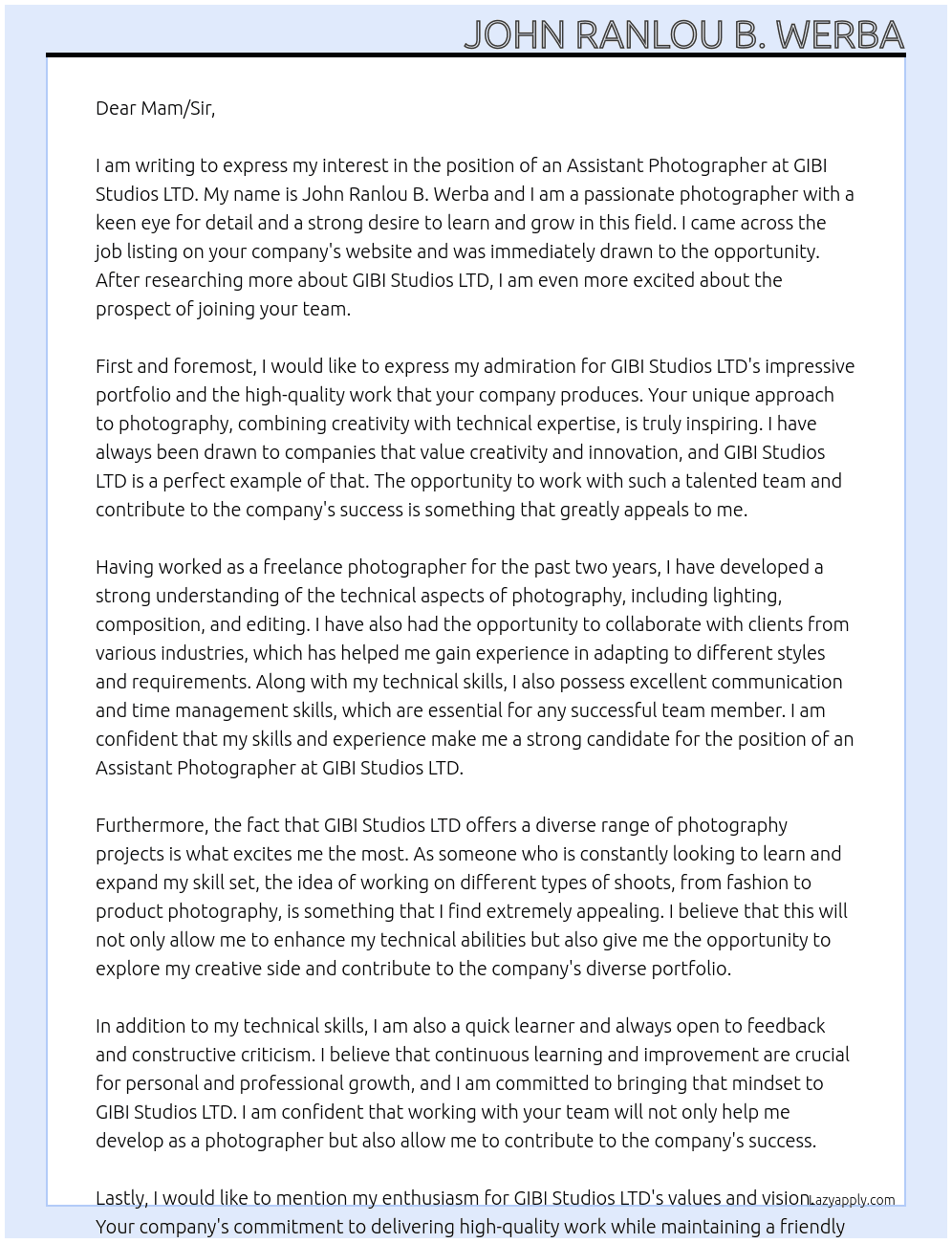 Assistant Photgrapher At GIBI Studios LTD Cover Letter