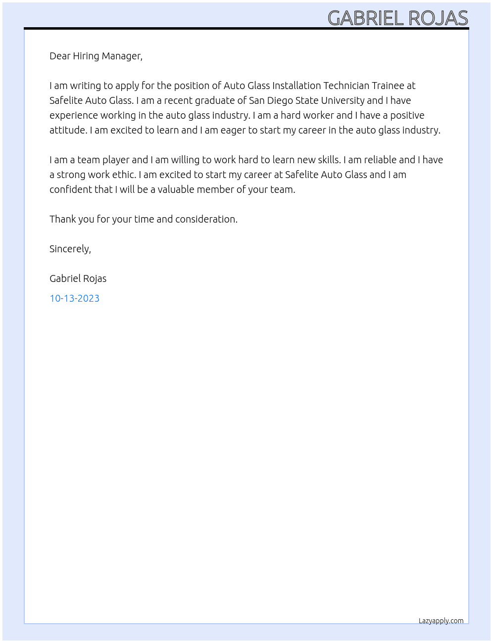 Auto Glass Installation Technician Trainee At Safelite Auto Glass Cover Letter