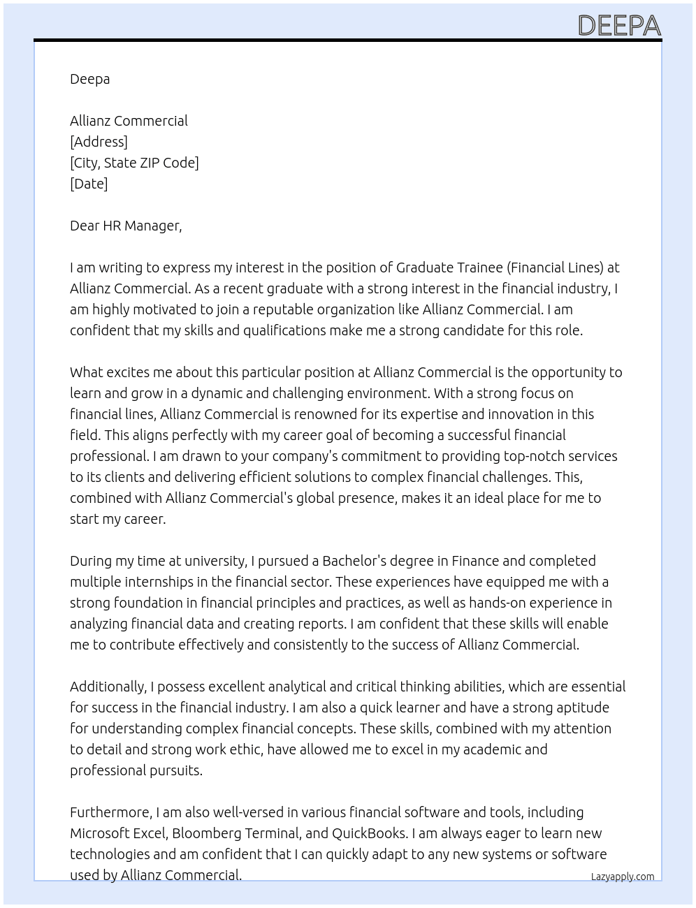 graduate trainee (financial lines) At Allianz Commercial Cover Letter