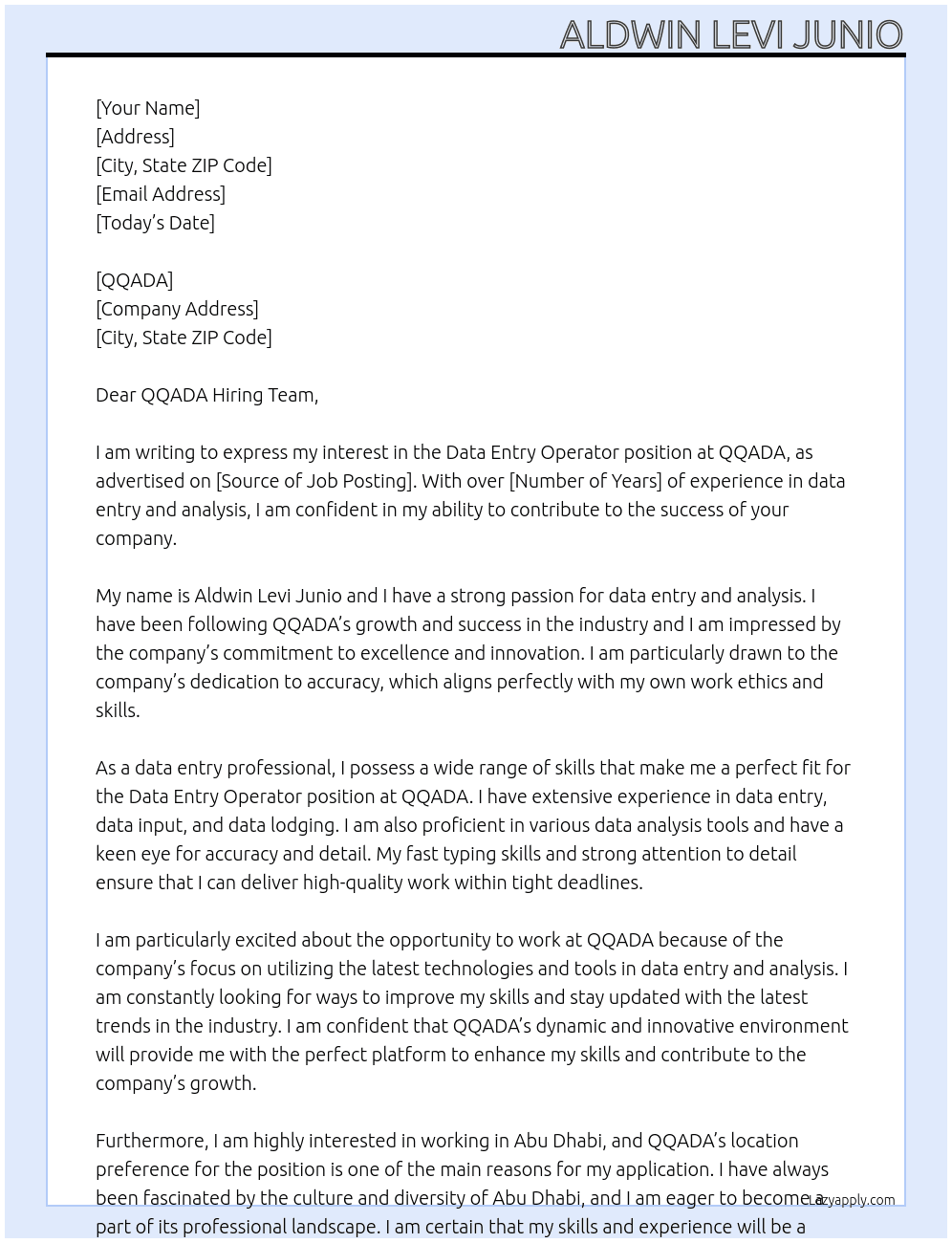 data entry operator At QQADA Cover Letter
