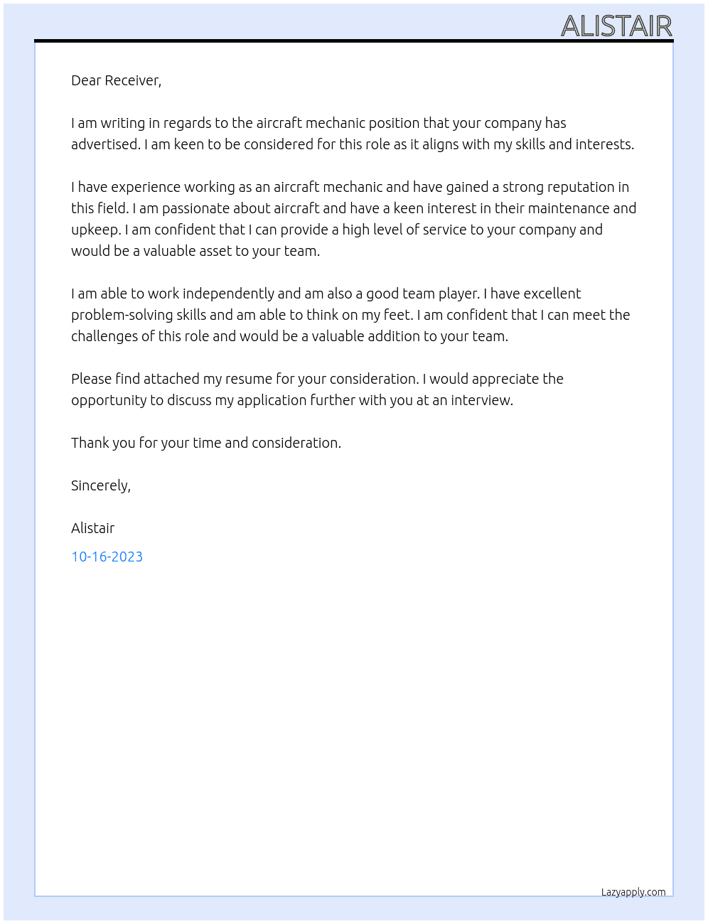 aircraft mechanic At company  Cover Letter