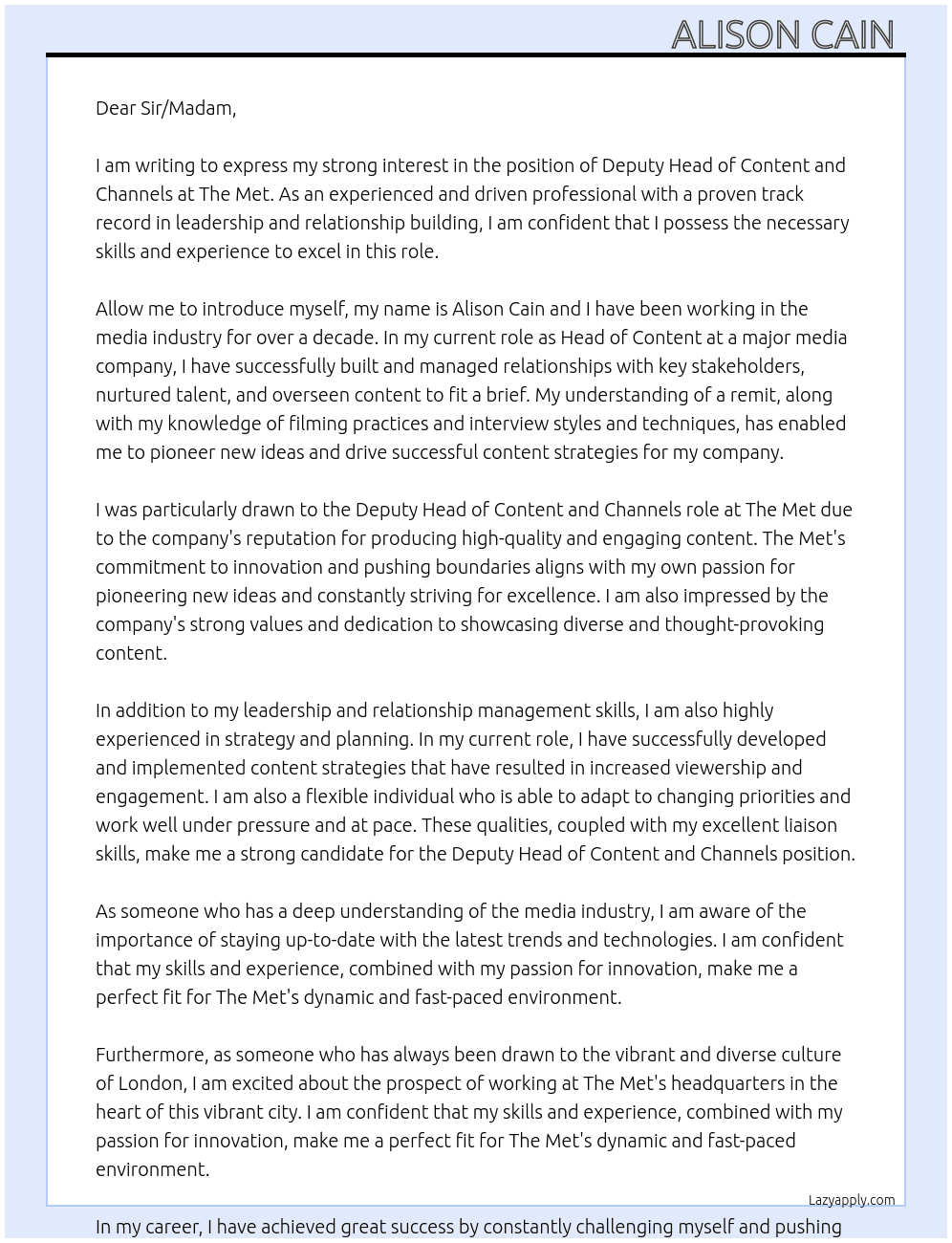 Deputy Head of Content and Channels At The Met Cover Letter