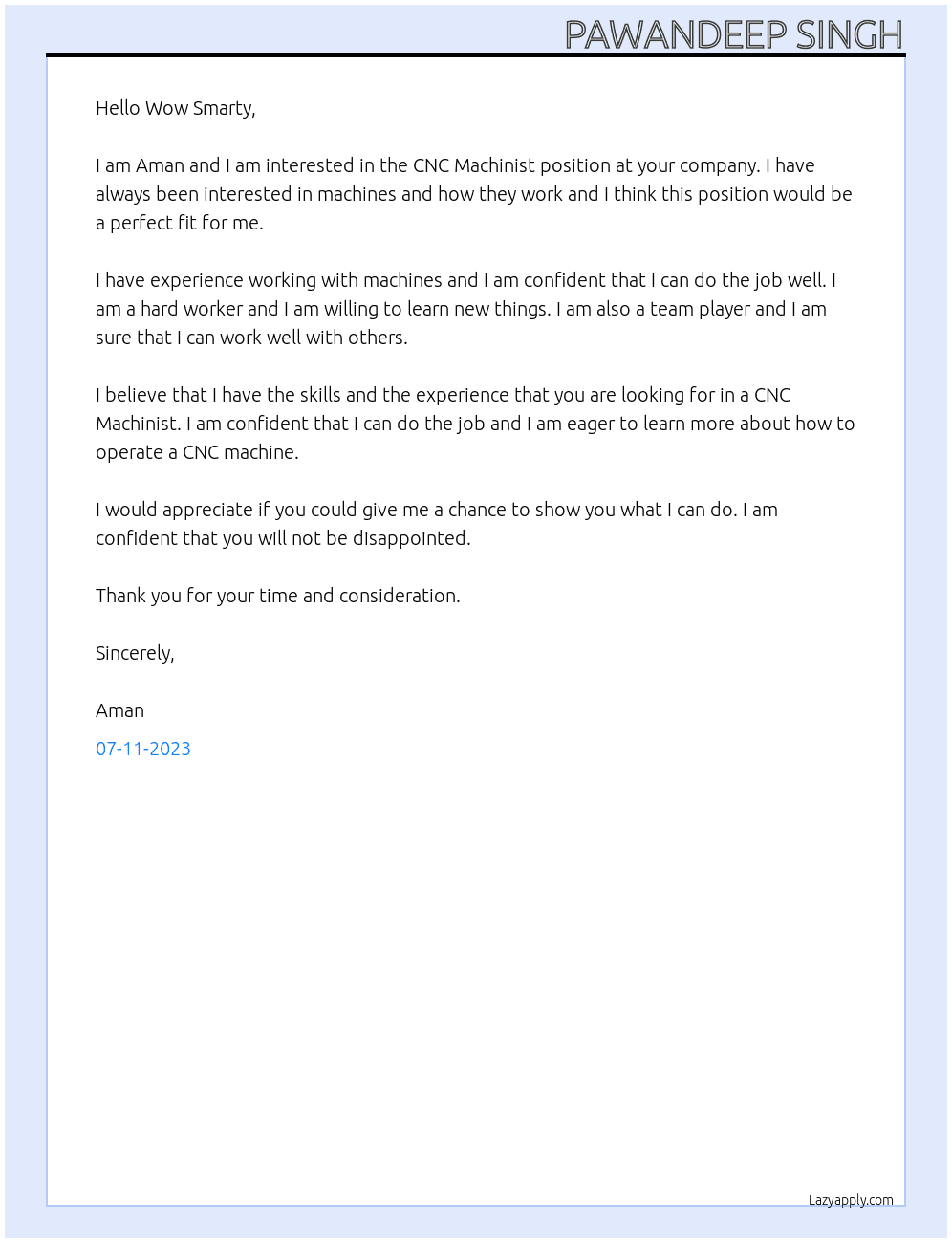 CNC Machinist At Wow Smarty Cover Letter