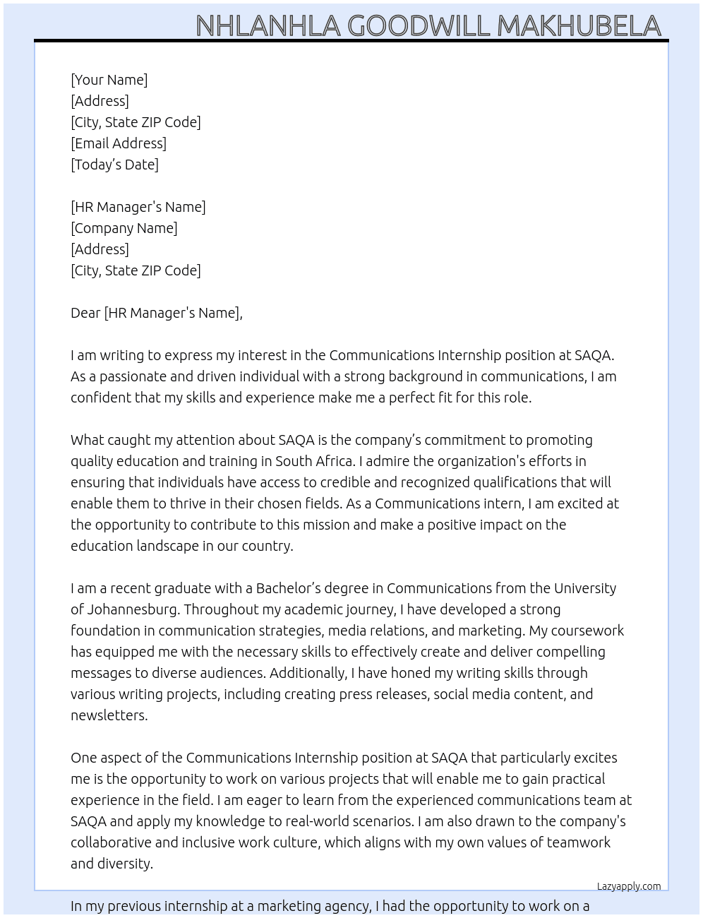 Communications internships  At SAQA Cover Letter