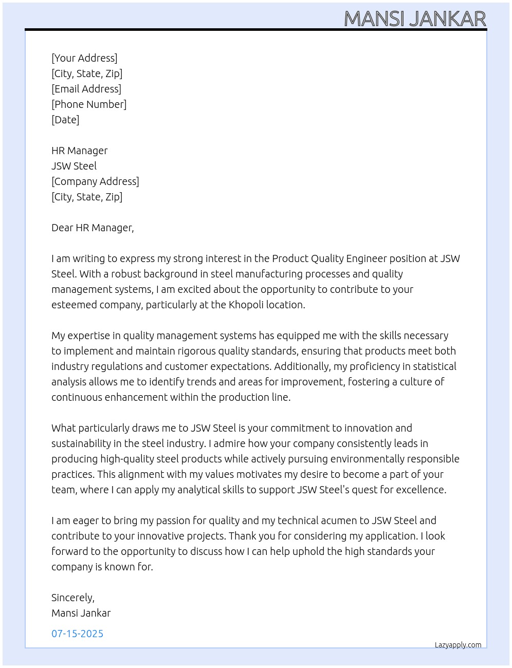 Cover letter for product quality enginner - LazyApply