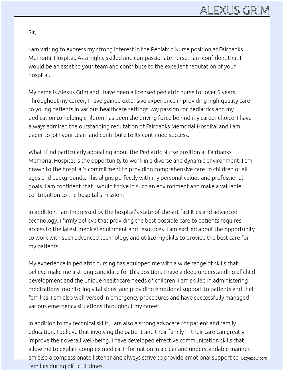Pediatric Nurse At Fairbanks memorial hospital Cover Letter
