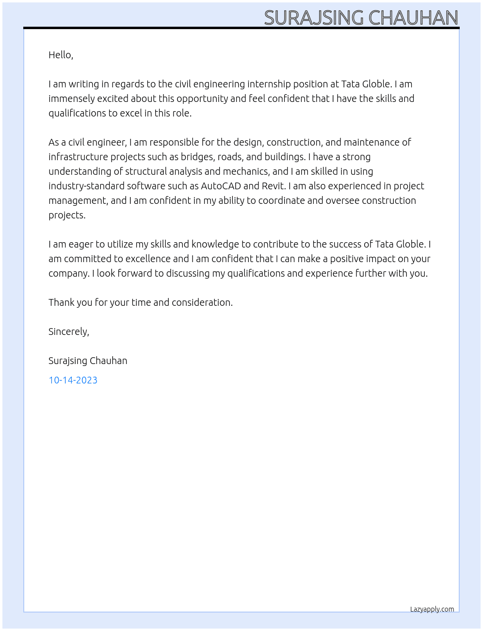 civil engineer At tata globle internship Cover Letter
