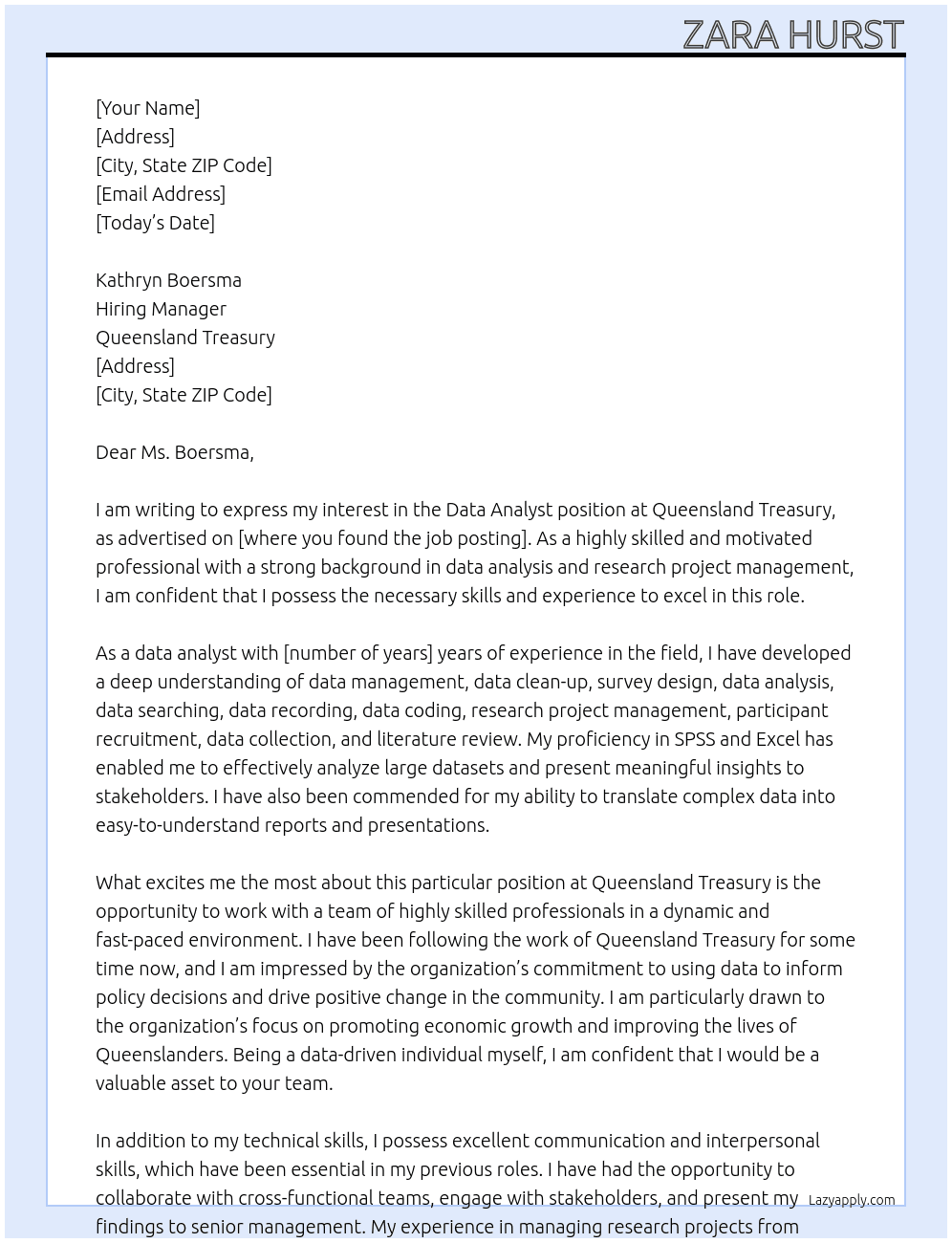 Data Analyst At Queensland Treasury Cover Letter