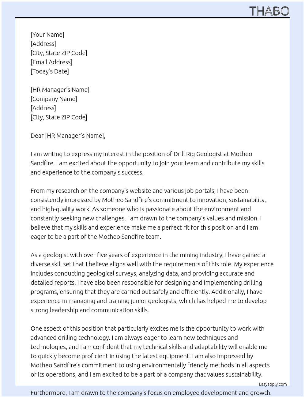 Drill Rig Geologist  At Motheo Sandfire Cover Letter