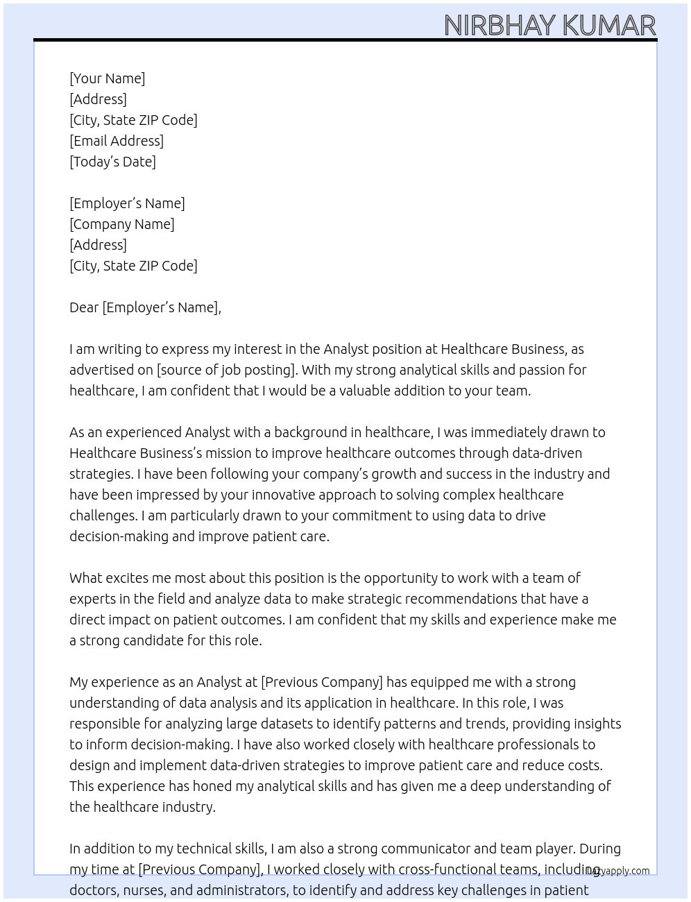 Analyst At Healthcare Business Cover Letter