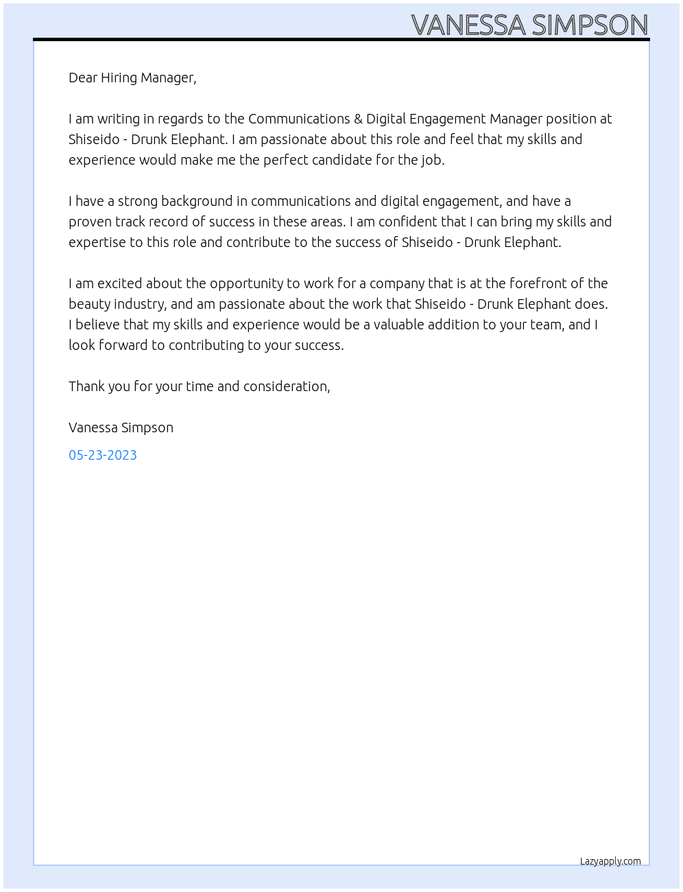 Communications & Digital Engagement Manager At Shiseido - Drunk Elephant Cover Letter
