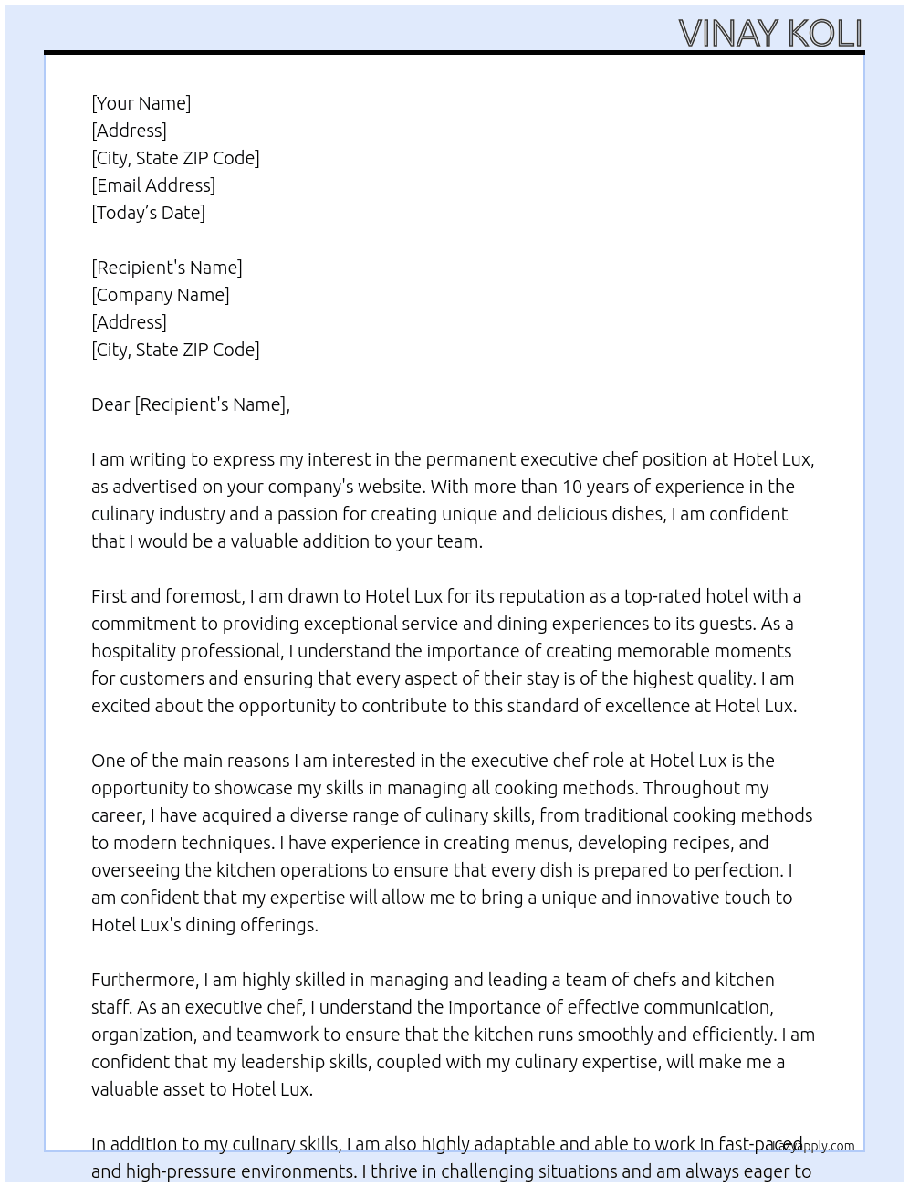 Permanent employ in hotel At Hotel lux Cover Letter