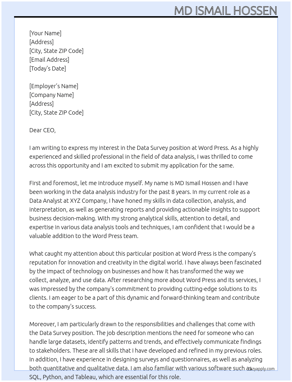 Data survey  At Word press Cover Letter