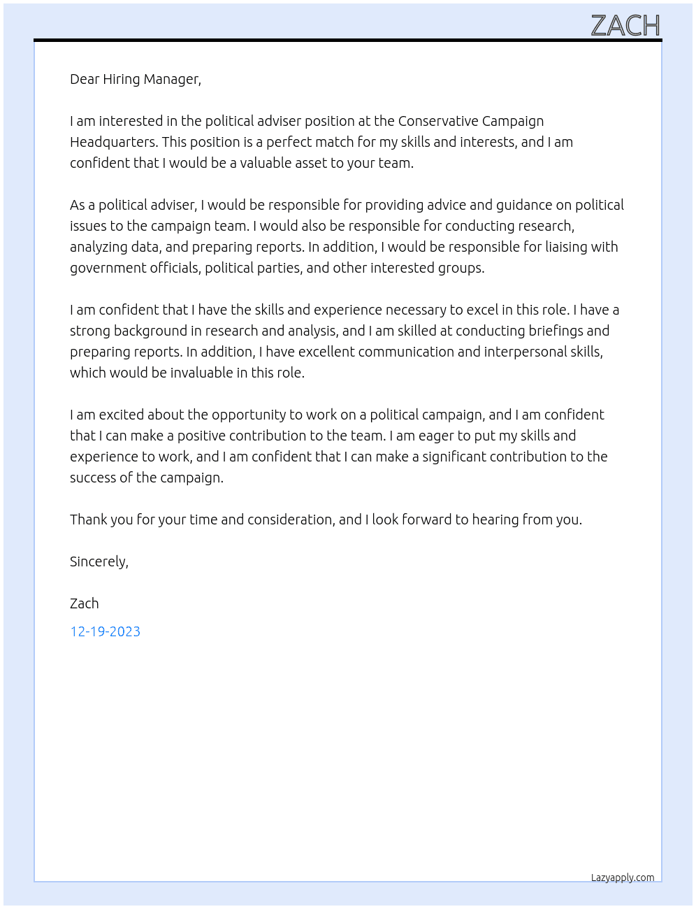 Political Adviser At Conservative Campaign Headquarters Cover Letter