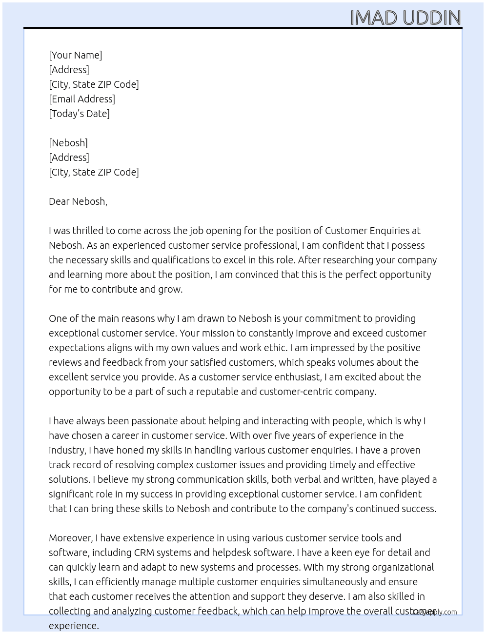 Customer enquiries  At Nebosh  Cover Letter