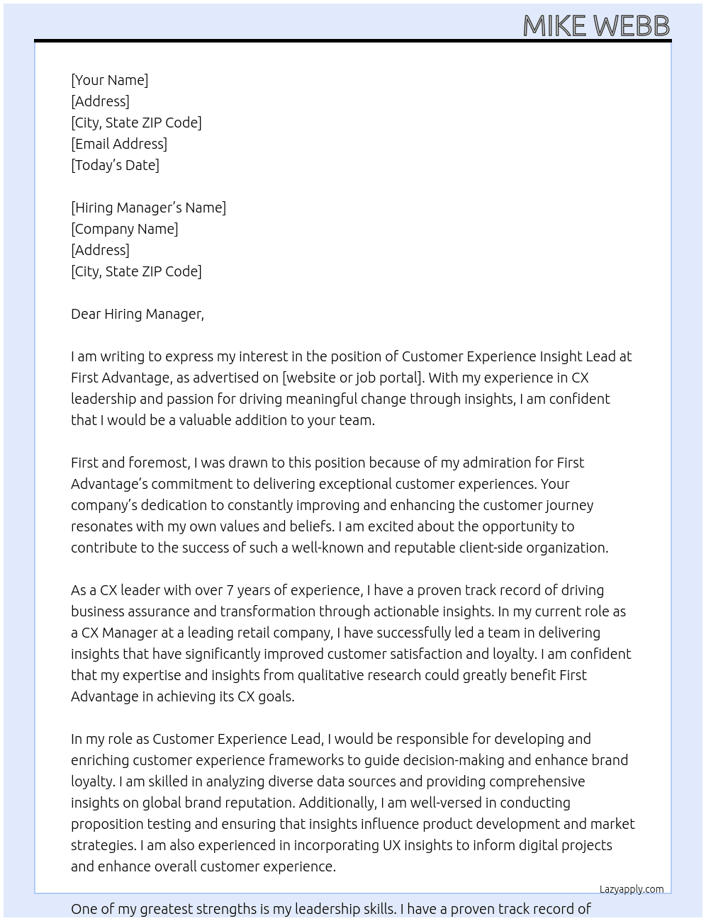 Customer Experience Insight Lead At First Advantage Cover Letter
