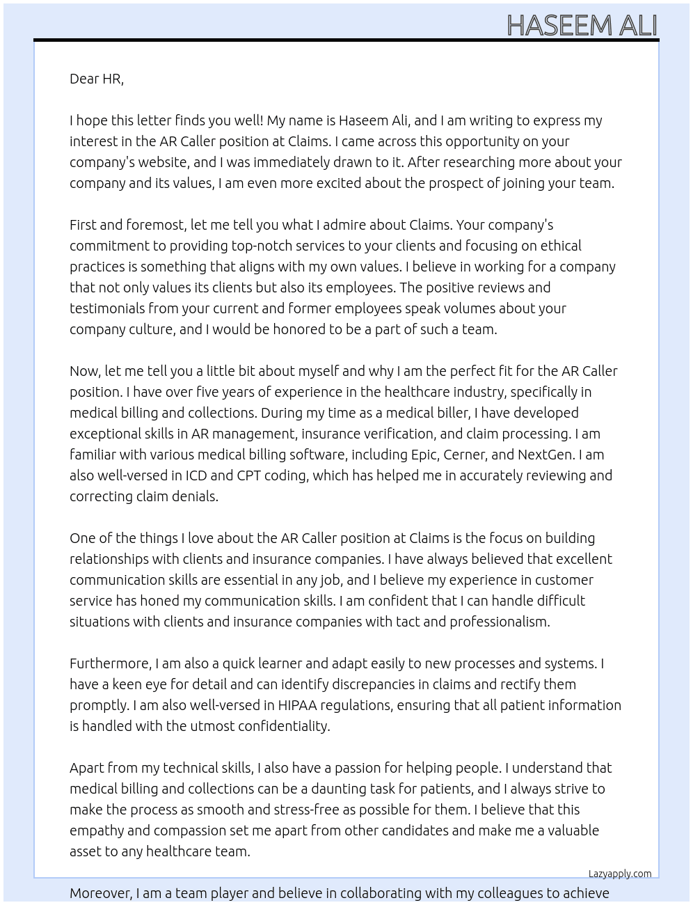 AR CALLER  At Claims Cover Letter