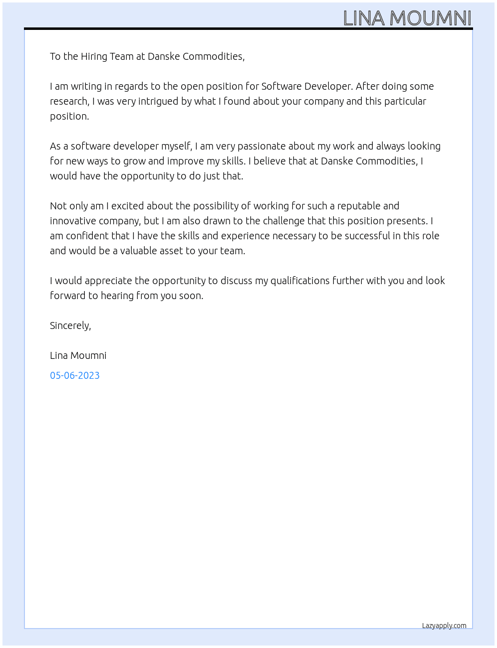 Software Developer At danske commodities Cover Letter