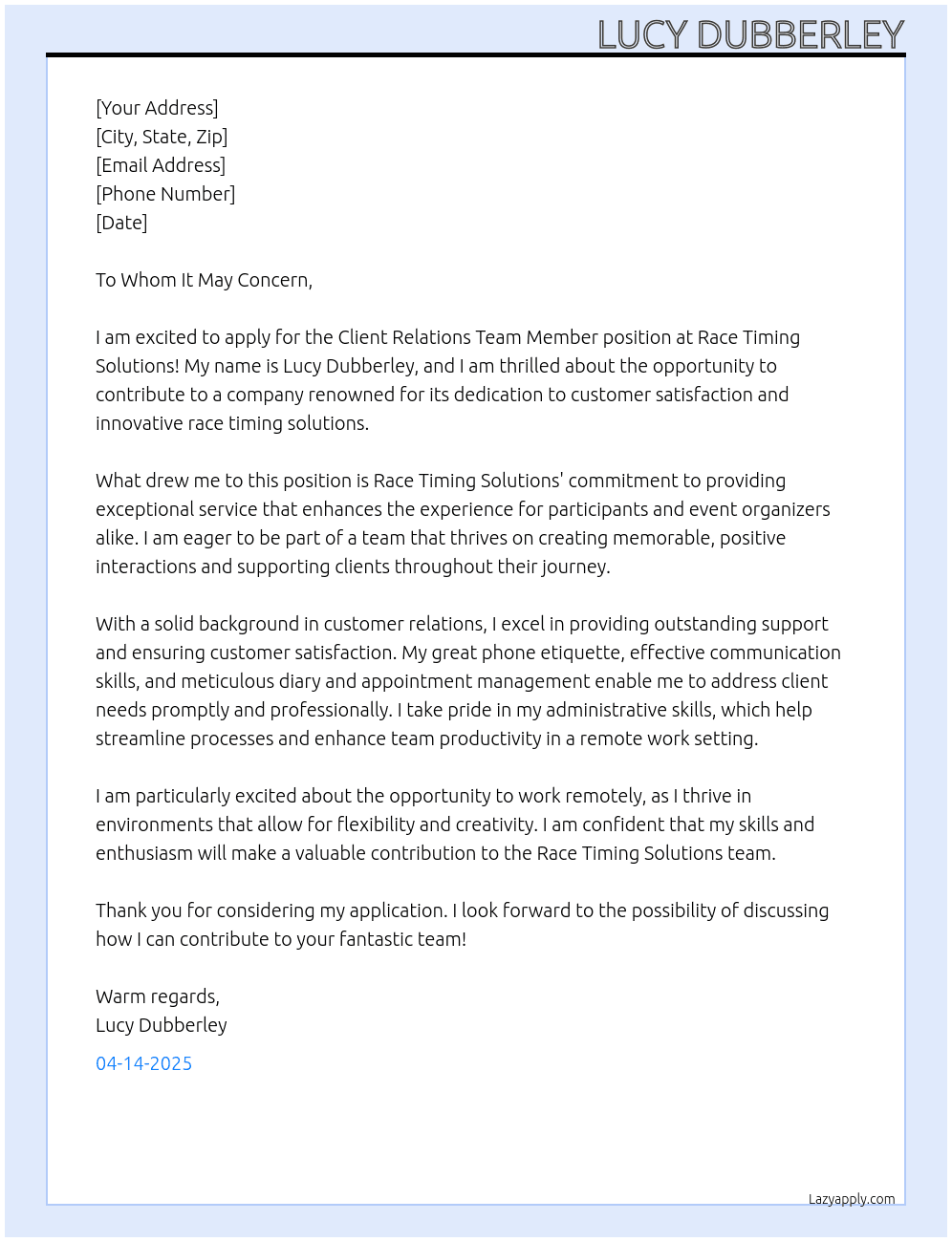 Cover letter for client relations team member - LazyApply