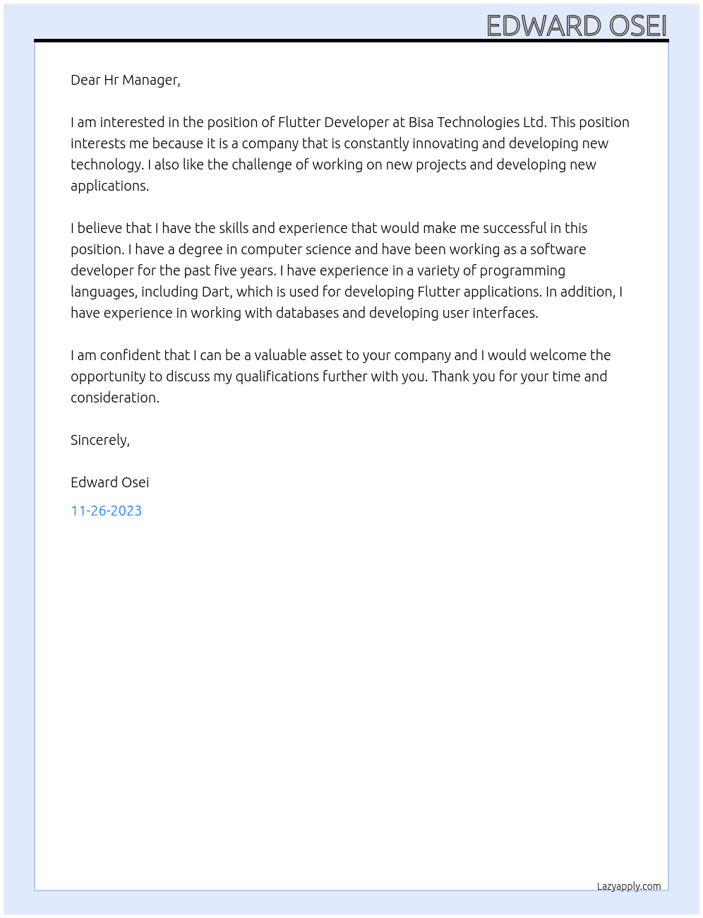 Flutter Developer At Bisa Technologies Ltd Cover Letter