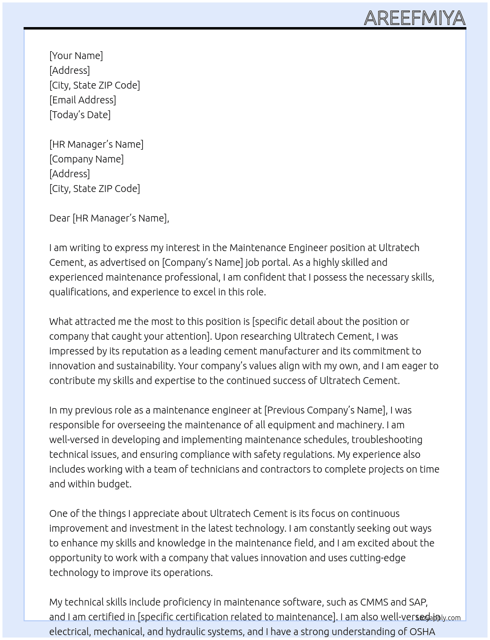 maintenance engineer At ultratech cement Cover Letter