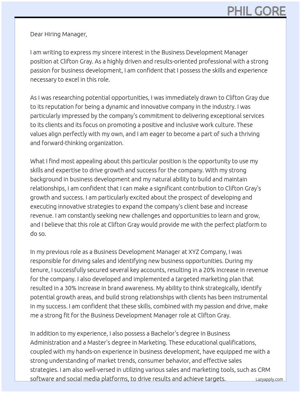 Business Development Manager At Clifton Gray Cover Letter