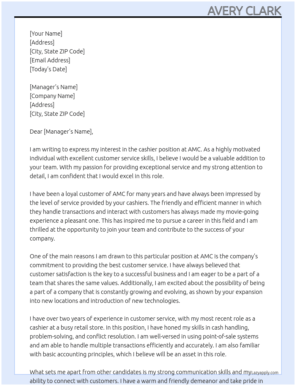 cashier At AMC Cover Letter