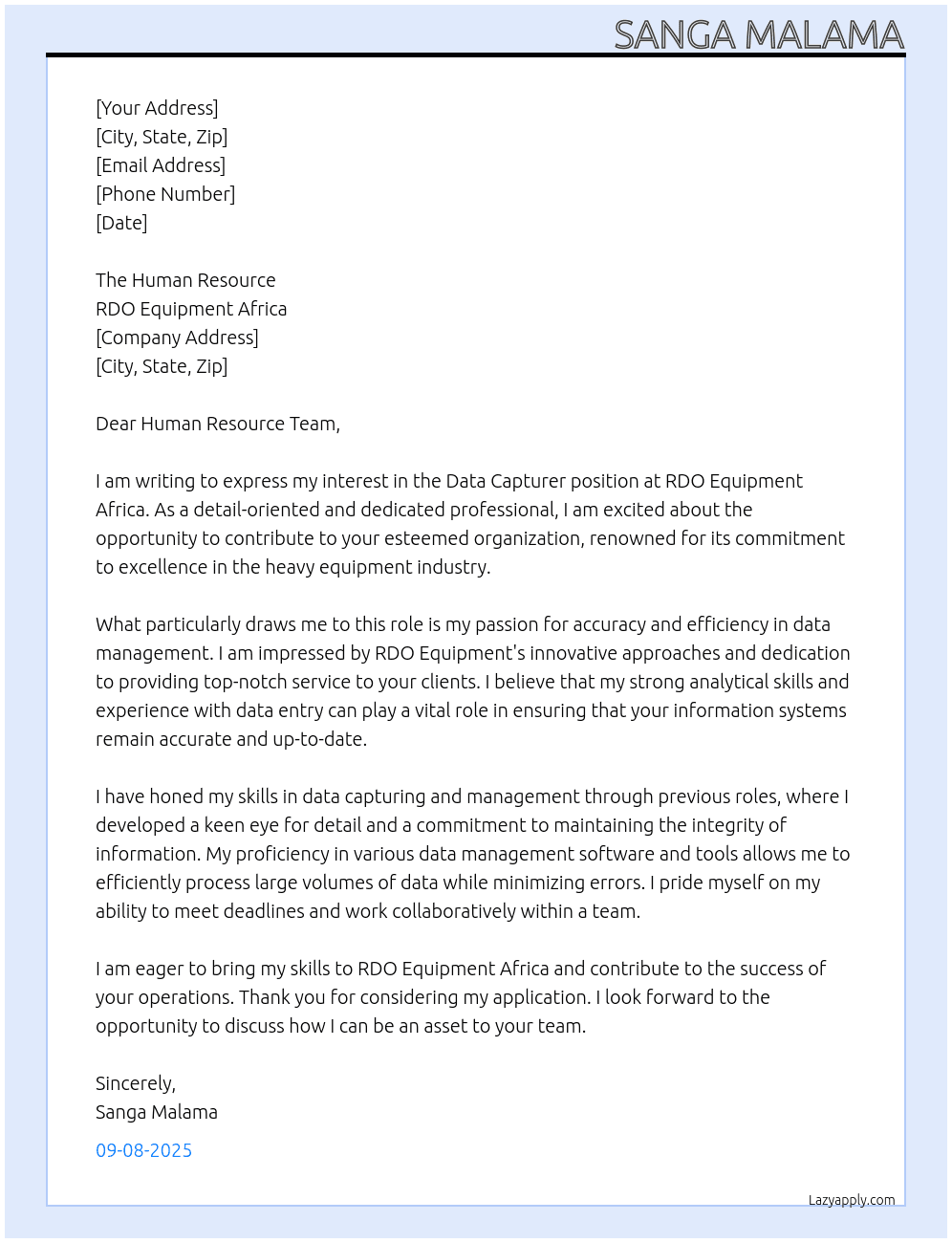 Data Capturer At RDO Equipment Africa Cover Letter