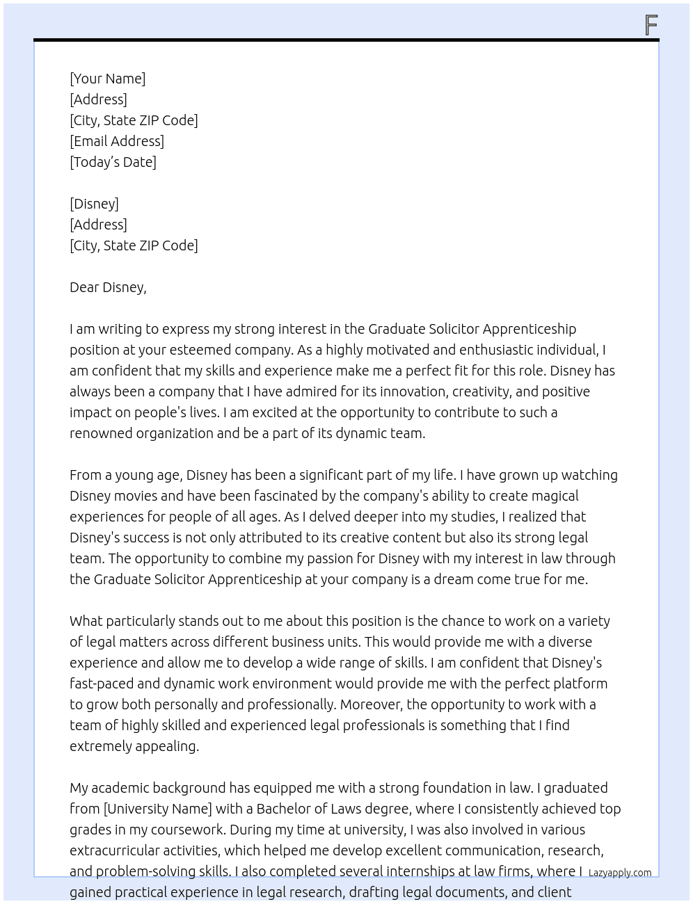 graduate solicitor apprenticeship  At disney  Cover Letter