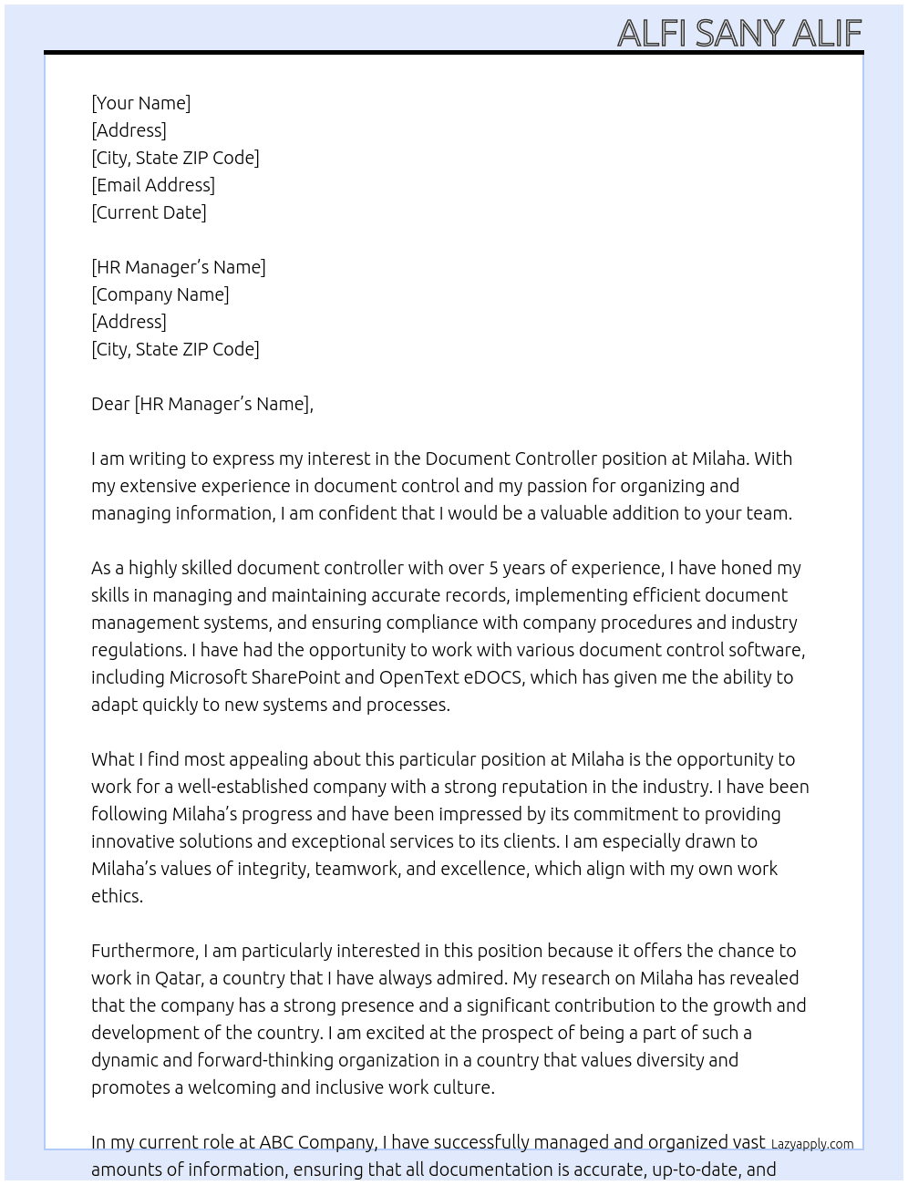 Document Controller At Milaha Cover Letter