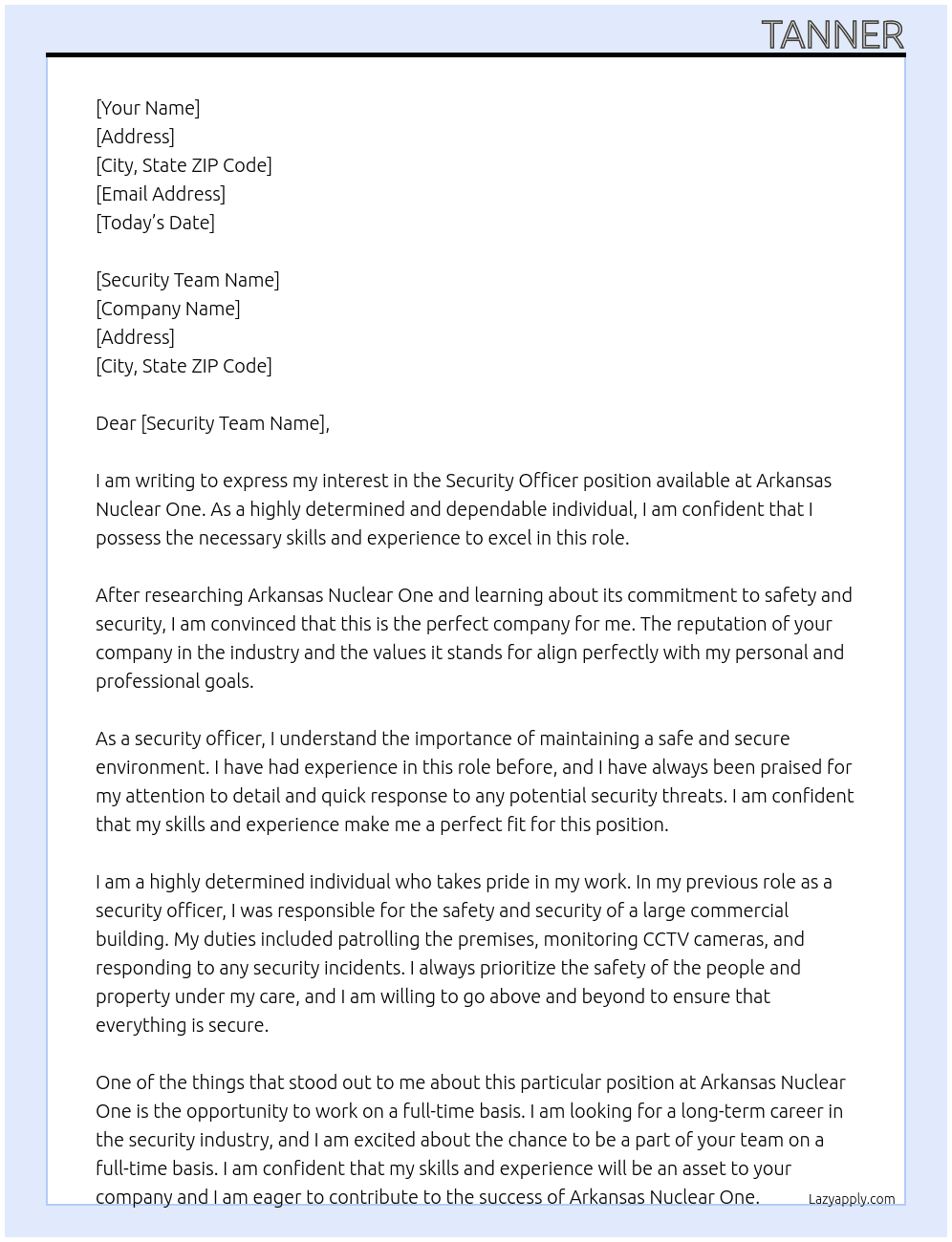 Security officer  At Arkansas nuclear one  Cover Letter