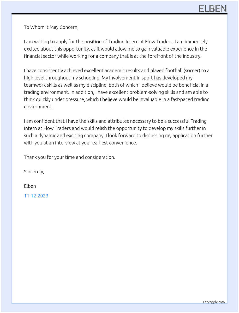 Trading Intern At Flow Traders Cover Letter