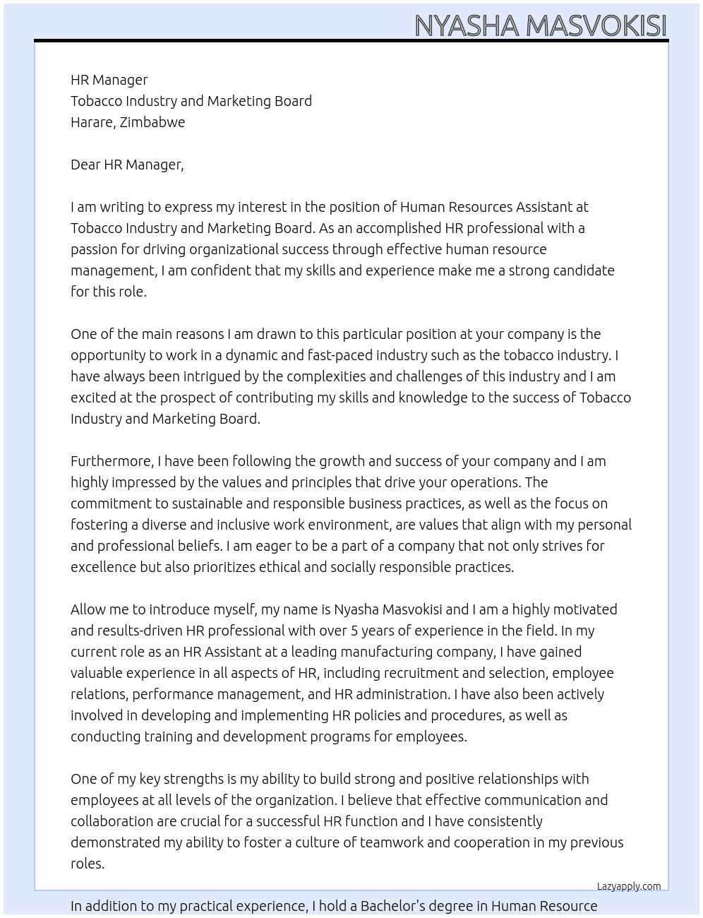 Human Resources Assistant At Tobacco Industry and Marketing Board  Cover Letter