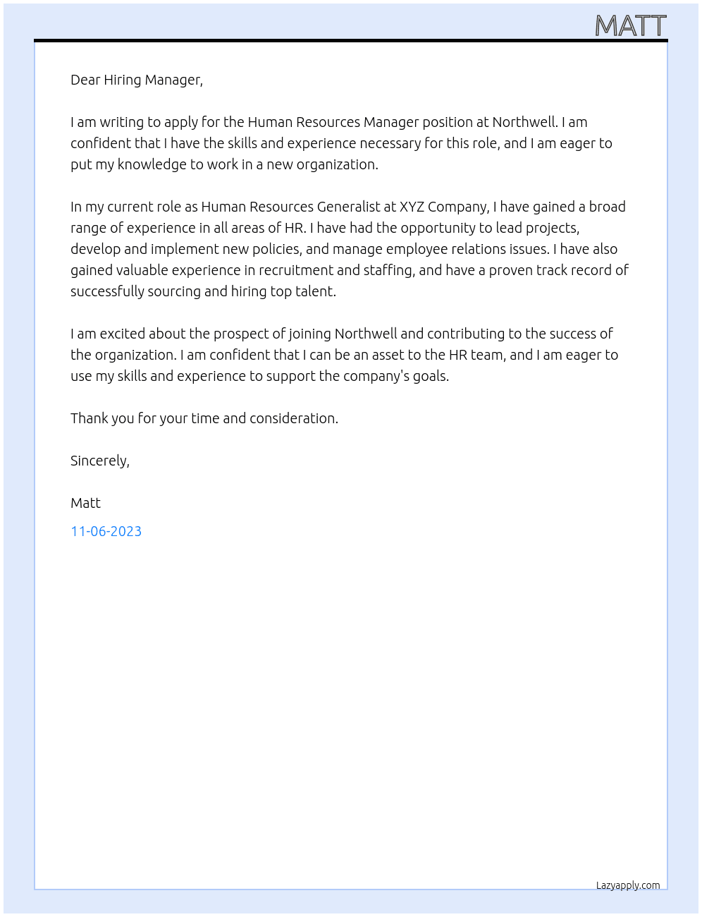 Human Resources Manager At Northwell Cover Letter