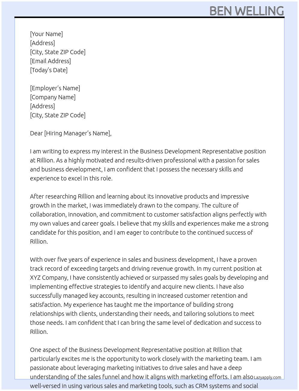 Business Development Representative At Rillion Cover Letter