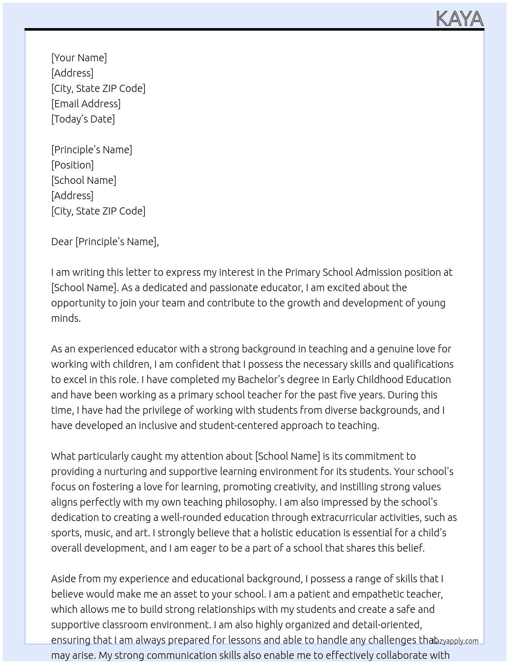 Cover letter for primary school admission - LazyApply