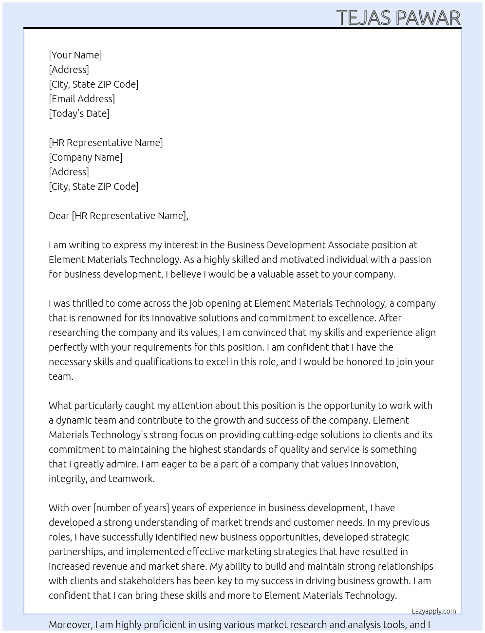 Business Development Associate At Element Materials Technology Cover Letter
