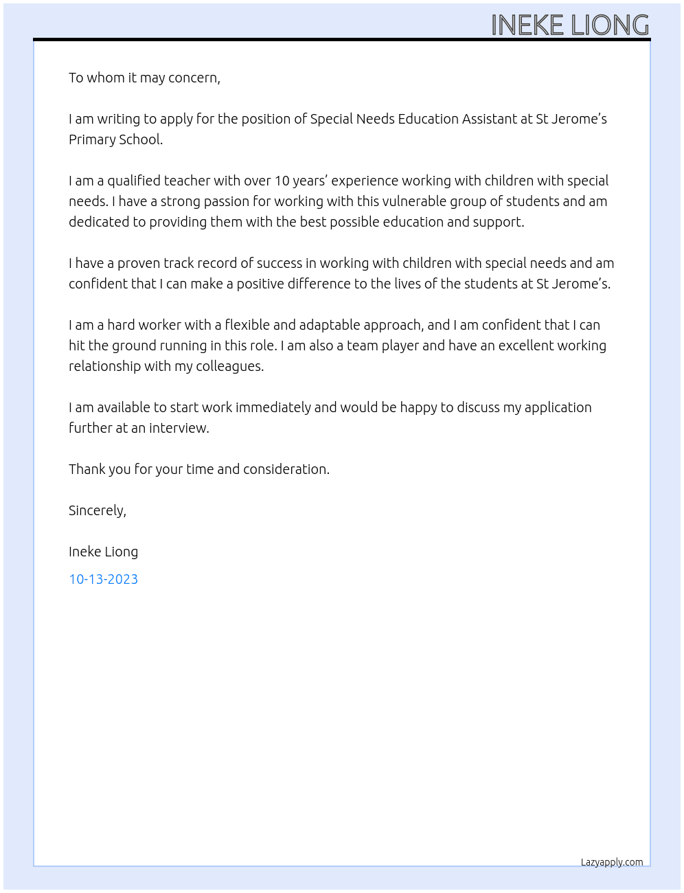 Special Needs Education Assistant At St Jerome’s Primary School Cover Letter