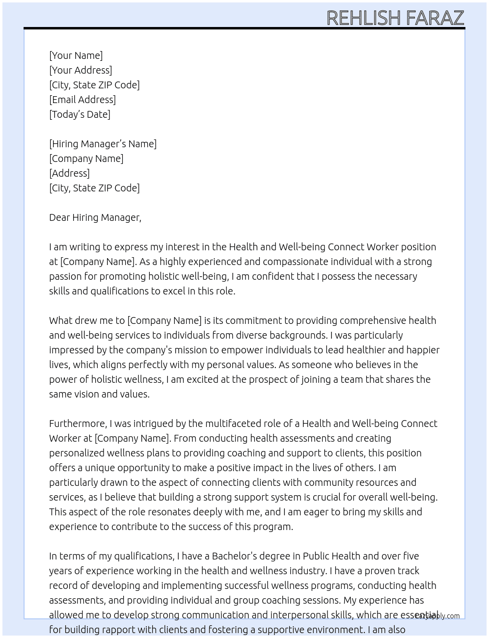 Health and well-being connect worker At Health and well-being  Cover Letter