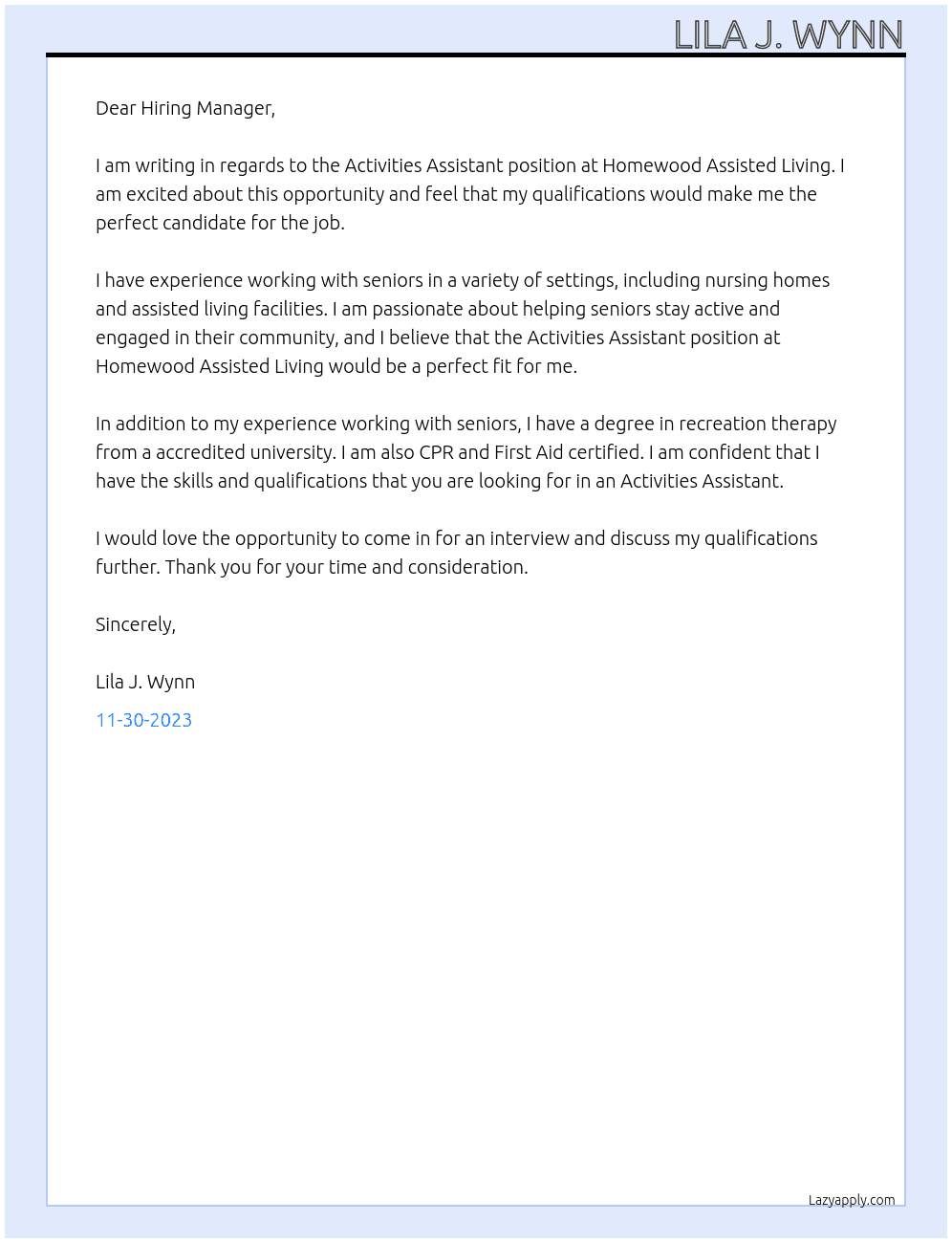 Activities Assistant  At Homewood Assisted Living Cover Letter