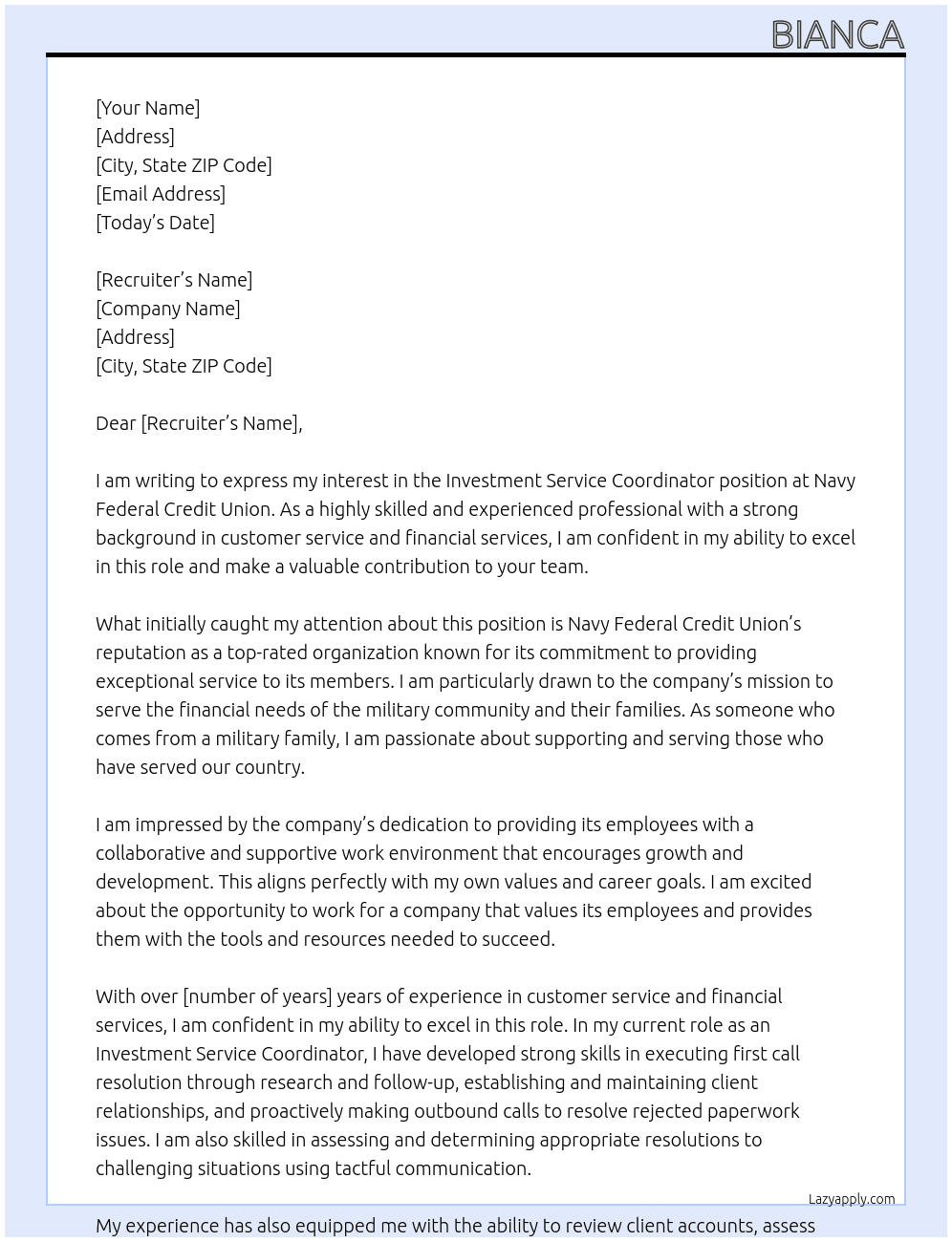 investment service coordinator At navy federal credit union Cover Letter