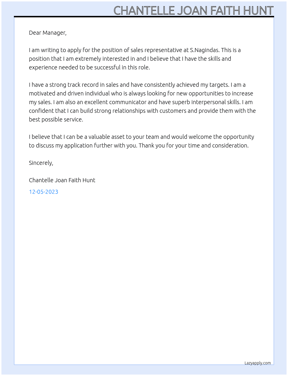 sales representative At S.Nagindas Cover Letter