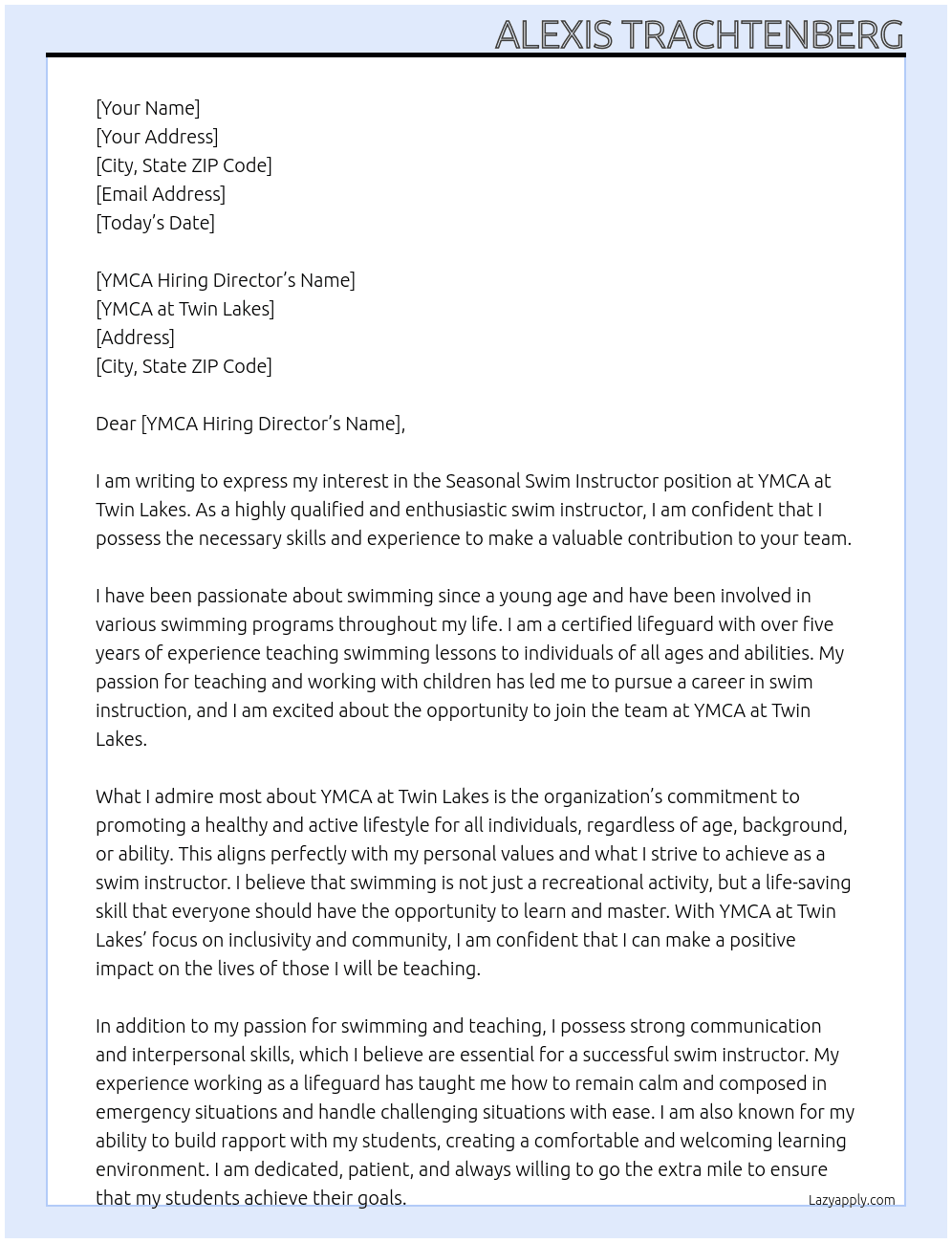 Seasonal swim instructor At YMCA at Twin Lakes Cover Letter