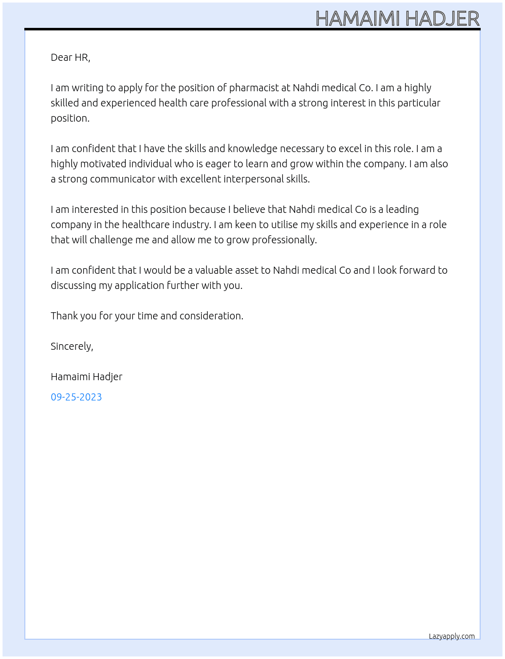 pharmacist At Nahdi medical Co Cover Letter