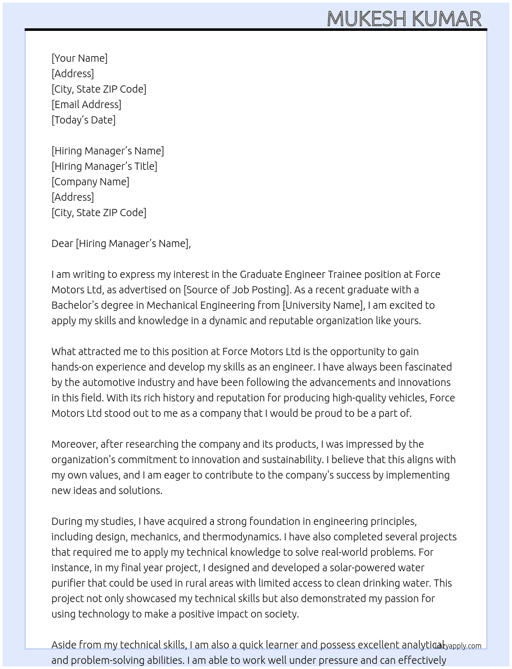 Graduate Engineer Trainee  At Force Motors Ltd Cover Letter